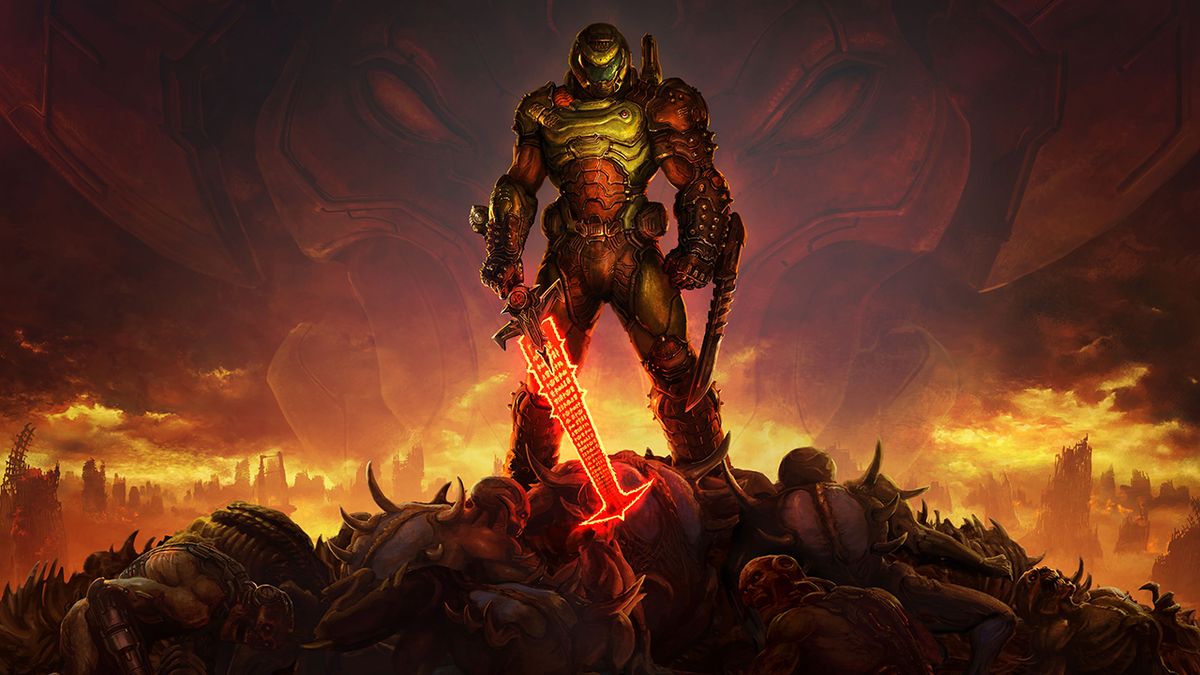 Screenshot from the video game Doom. An man in sci-fi style armor is holding a massive sworld whilst standing on top a pile of demon corpses.