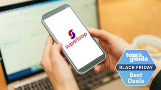 Hands holding phone with Superloop logo and Tom's guide deal badge