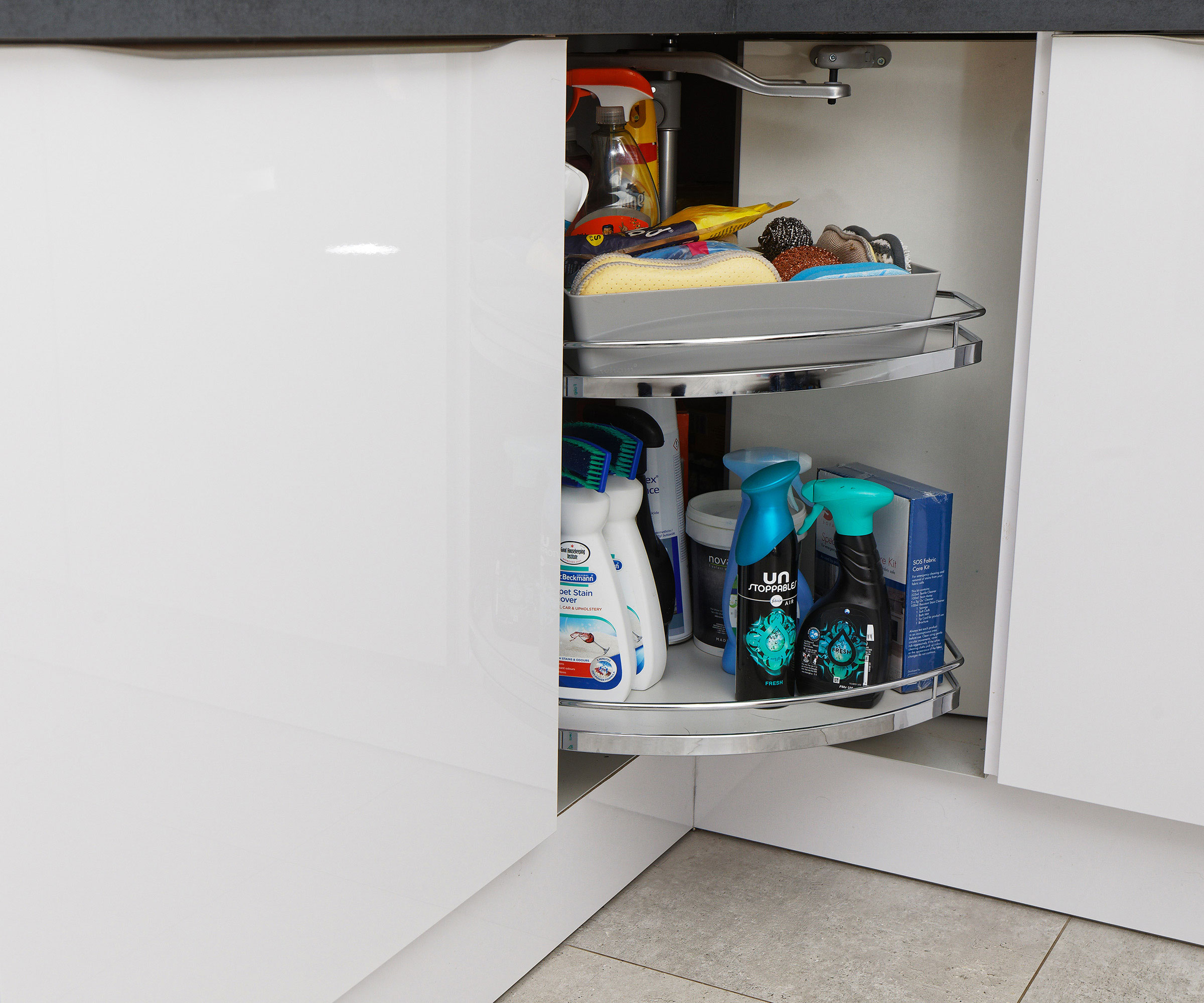 white kitchen with corner unit carousel