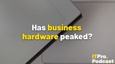 The text "Has business hardware peaked?" against a photo of the reMarkable Paper Pro Move on top of a Macbook trackpad. The words "business hardware" are in yellow, the rest are in white. In the bottom-right corner, the ITPro Podcast logo is shown.