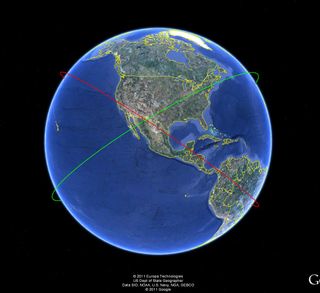 Diagram of the orbits of the X-37B space plane (red line) and China's Tiangong 1 space module (green line), as of early January 2012. The orbit for Tiangong 1 was pulled from the U.S. military's Space Track website, and the orbit for X-37B is from amateur observations.