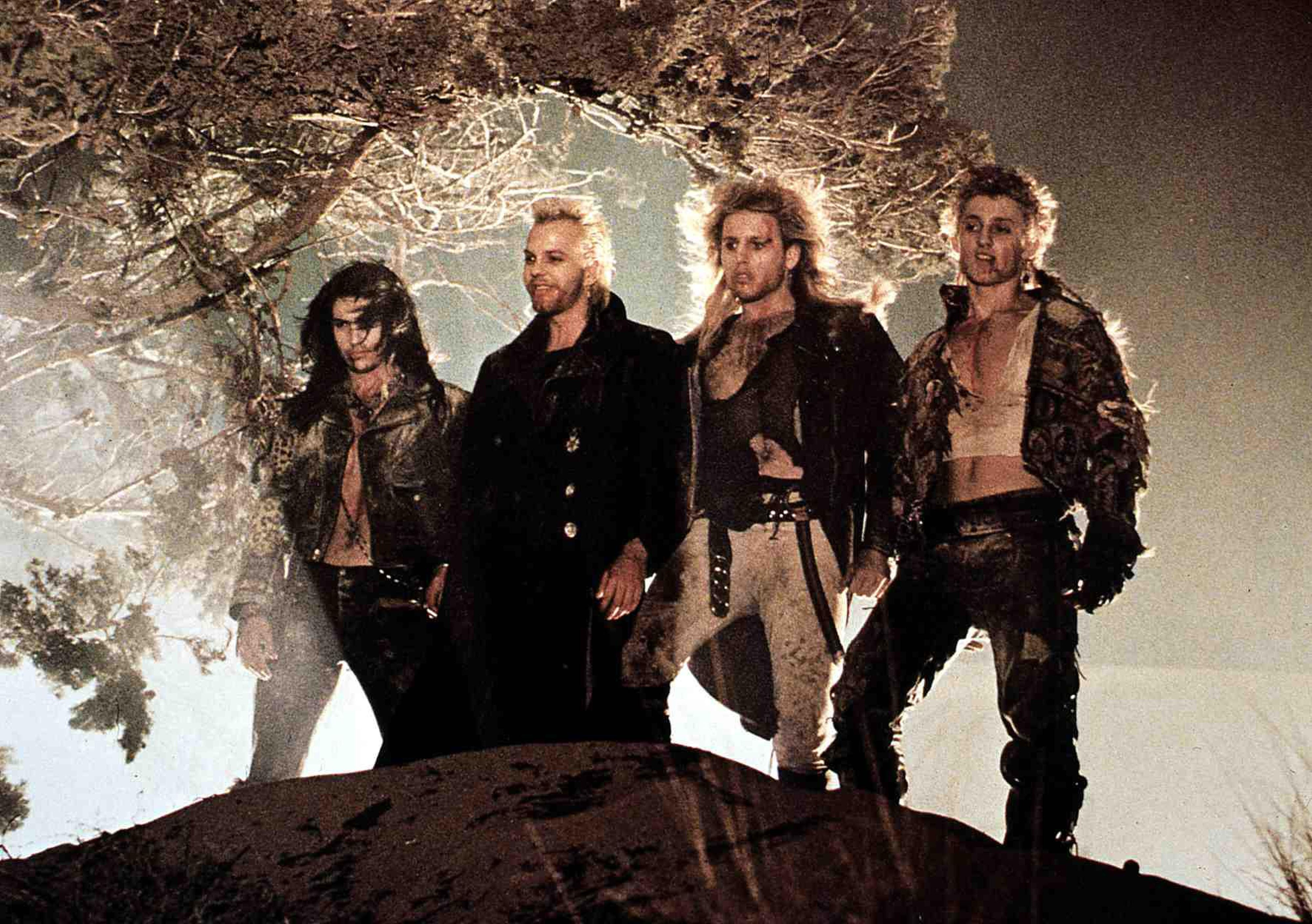 a group of teenage vampires in punk clothing stand on the top of a hill in the lost boys