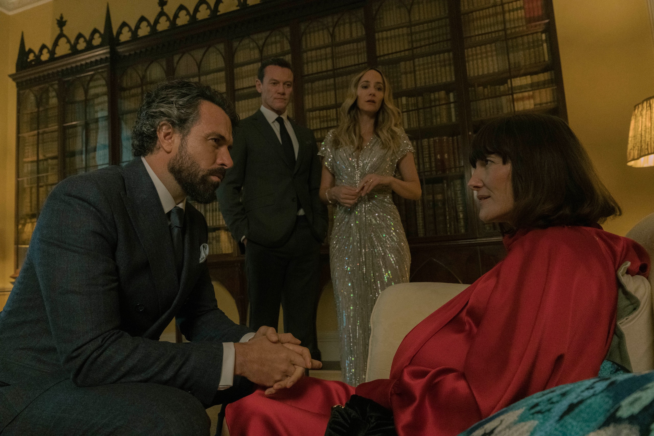 Luke Evans as Martin Gilmour, Tom Cullen as Ben Fitzmaurice, Lydia Leonard as Serena Fitzmaurice, Sarah Solemani as Lucy Farni in The Party