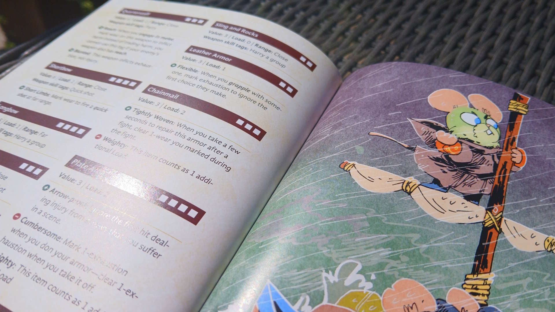 A mouse stands on a mast in the rain alongside a page of text and blocky headers