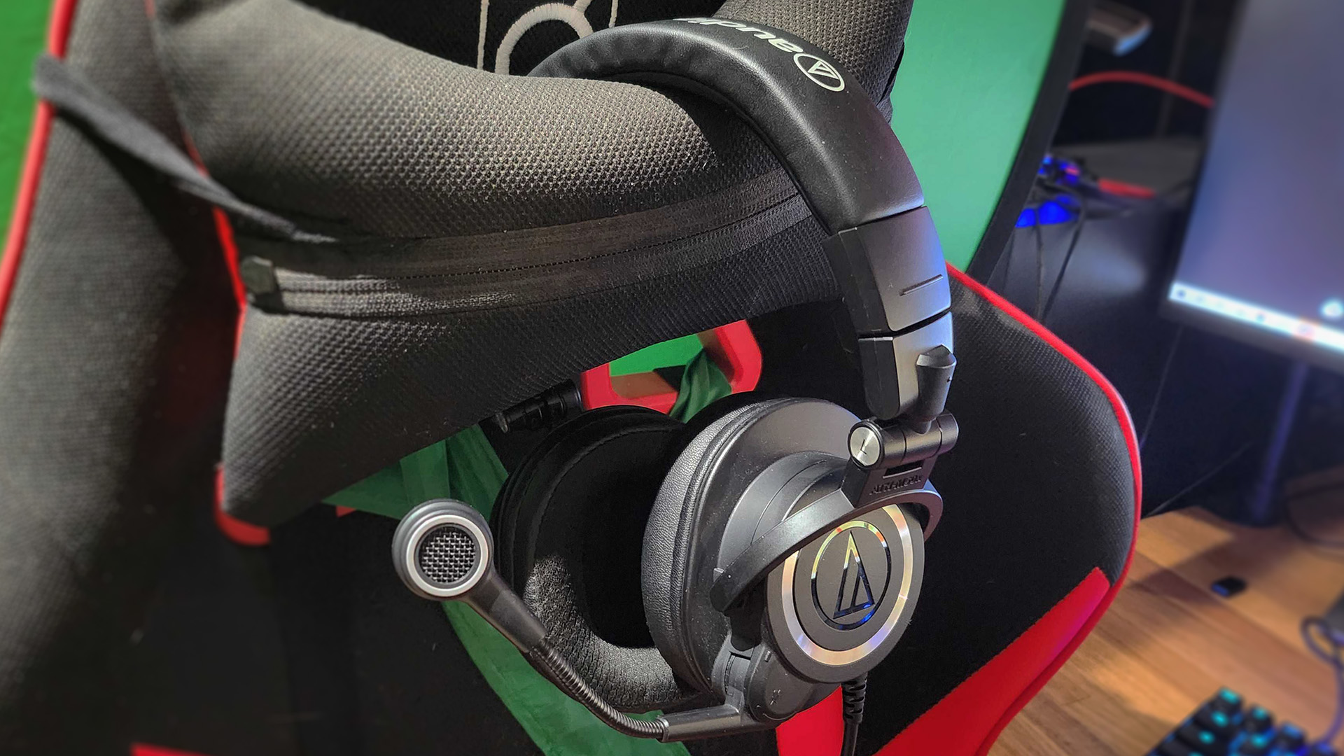 Audio-Technica ATH-M50xSTS StreamSet gaming headset on a chair