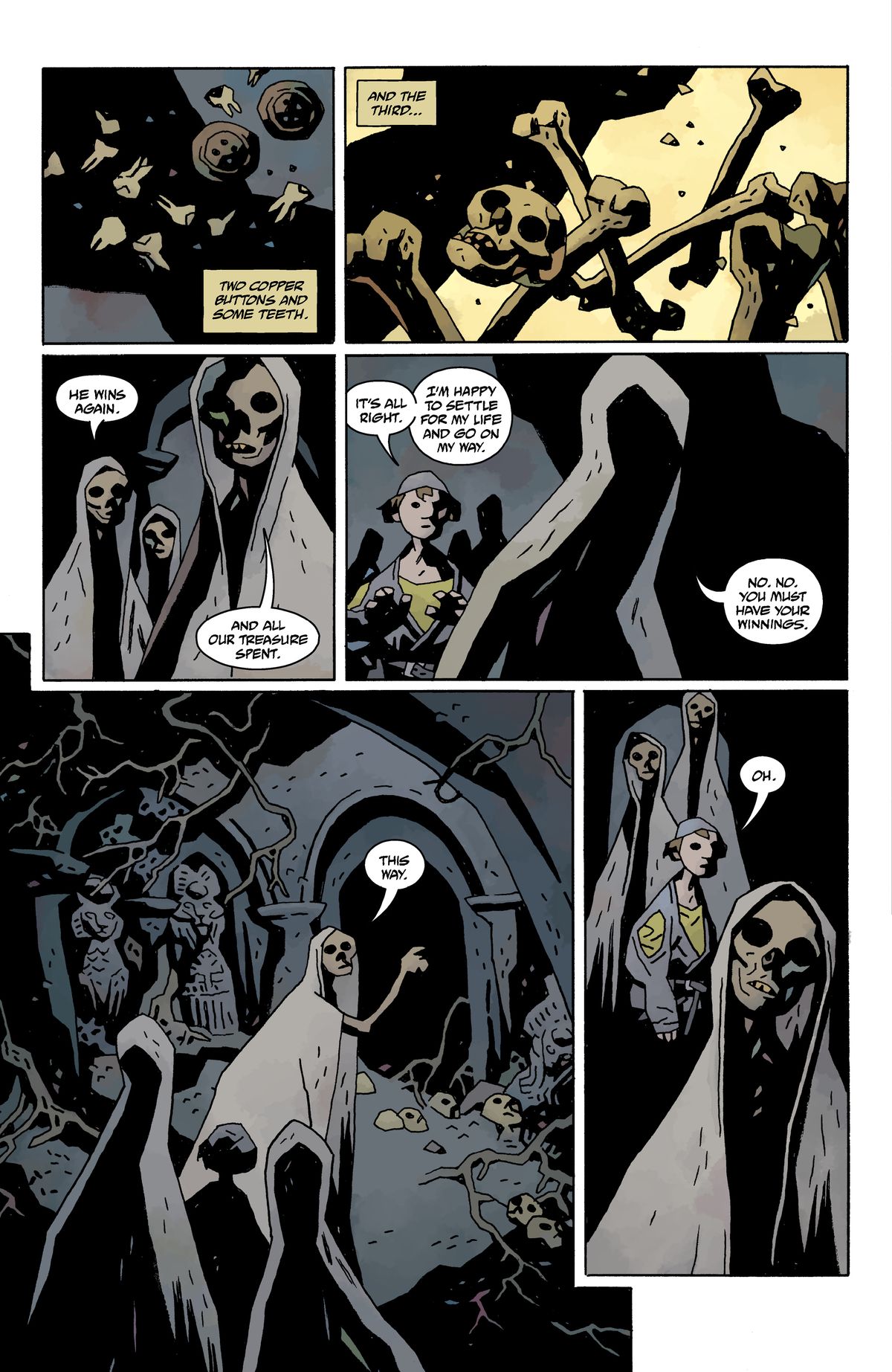 Mike Mignola, Bowling With Corpses; pages from a comic book with zombies and vampires