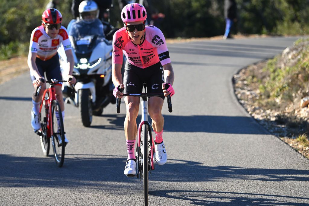 BROUZET LES ALES FRANCE FEBRUARY 04 Mattias Skjelmose of Denmark and Team TrekSegafredo White Best Young Rider Jersey and Neilson Powless of The United States and Team EF Education Easypost compete in the breakaway during the 53rd Etoile de Besseges Tour Du Gard 2023 Stage 4 a 1475km stage from SaintChristolLzAls to Le Mont Bouquet Brouzet ls Als 616m EDB2021 on February 04 2023 in SaintChristolLzAls France Photo by Luc ClaessenGetty Images