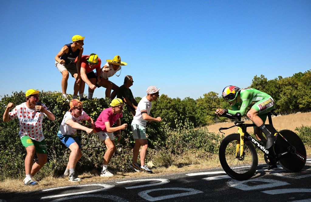 JumboVisma teams Belgian rider Wout Van Aert wearing the sprinters green jersey cycles during the 20th stage of the 109th edition of the Tour de France cycling race 407 km individual time trial between LacapelleMarival and Rocamadour in southwestern France on July 23 2022 Photo by Marco BERTORELLO AFP Photo by MARCO BERTORELLOAFP via Getty Images