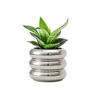 Sandybaytas Ceramic Plant Pot Indoor, 4.5 Inch Flower Pot With Drainage Hole, Small Bubble Design Ceramic Planter for Home & Office Decor (silver)