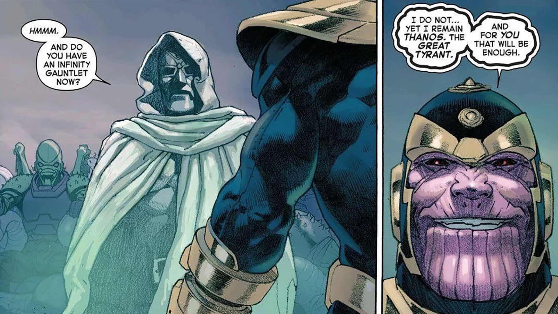Doctor Doom confronting Thanos before their fight in Secret Wars (2015)