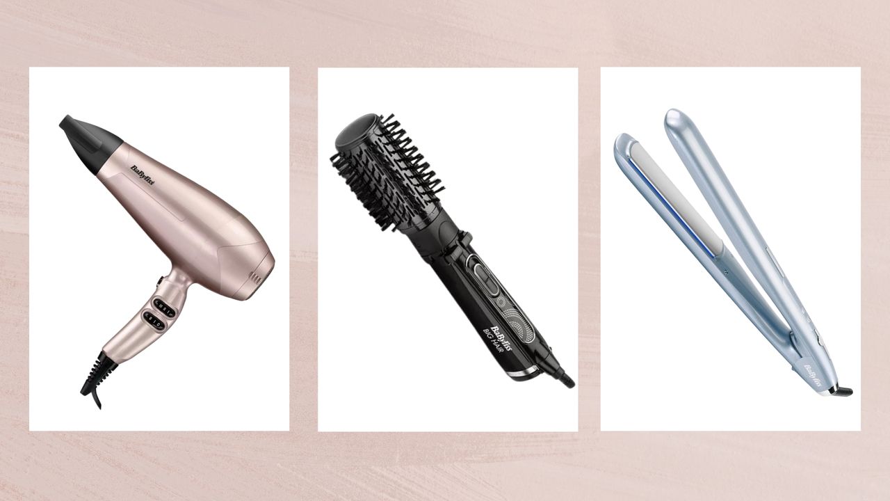 Collage of BaByliss hair tools (L-R) Hair dryer, Hot Air Brush and Hair Straighteners