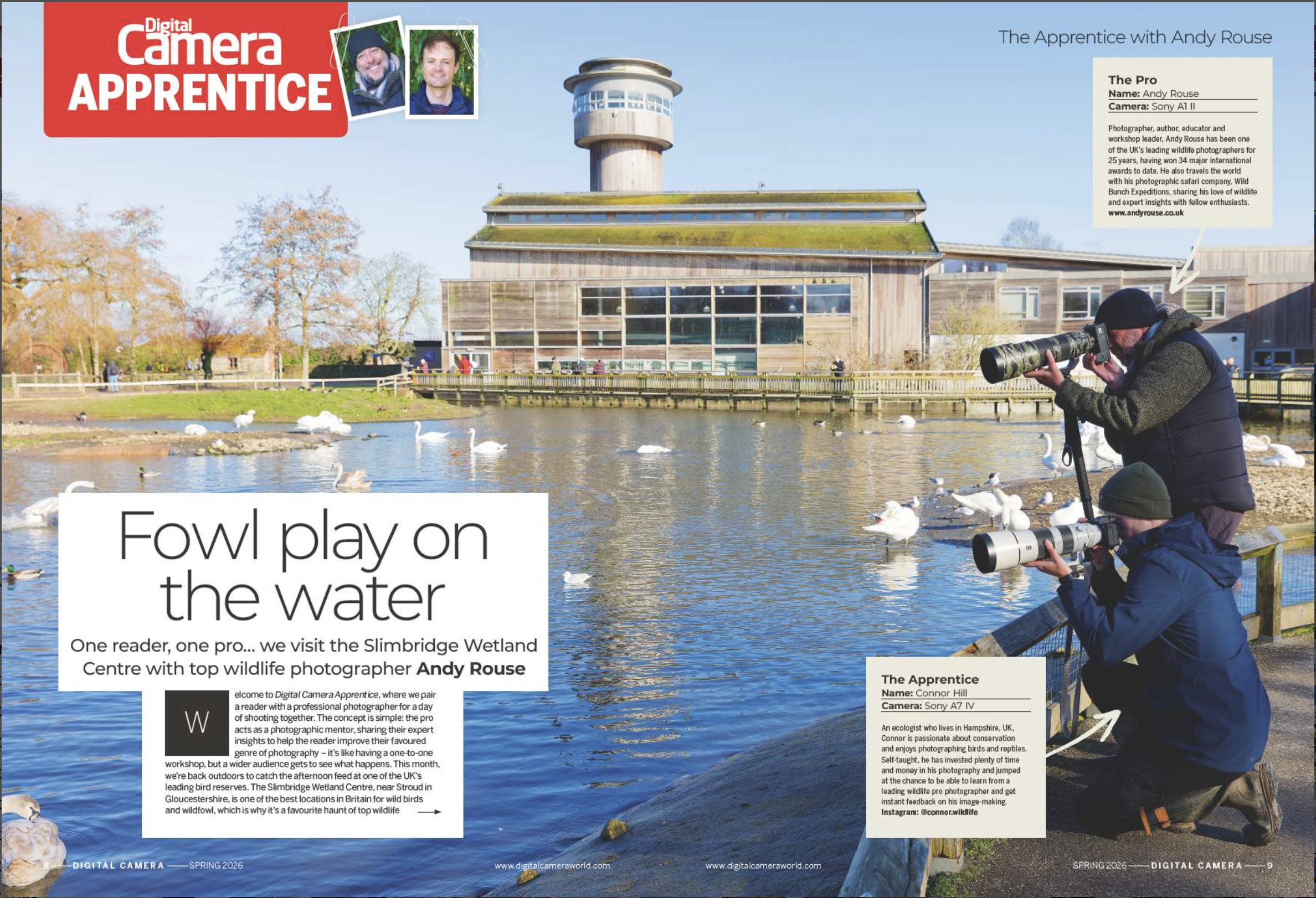 Image showing the first two pages of the Apprentice article in issue 306 (Spring 2026) of Digital Camera magazine, where a keen reader gets to photograph birds at a top UK nature reserve mentored by the award-winning pro wildlife photographer Andy Rouse
