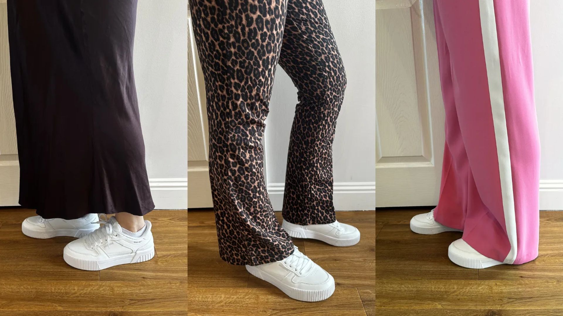 Three images of Lucy Trievnor wearing Skechers white trainers 