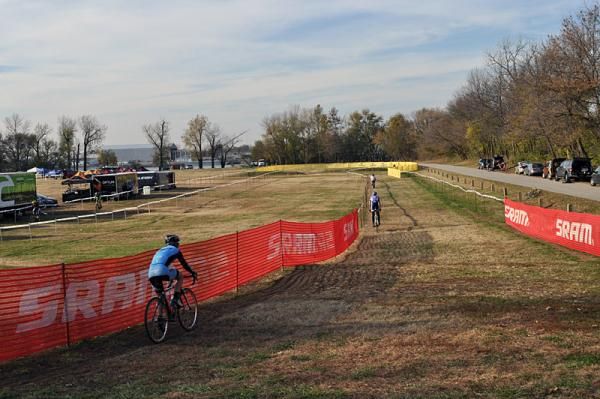 A lengthy out and back section of grass early in the lap.