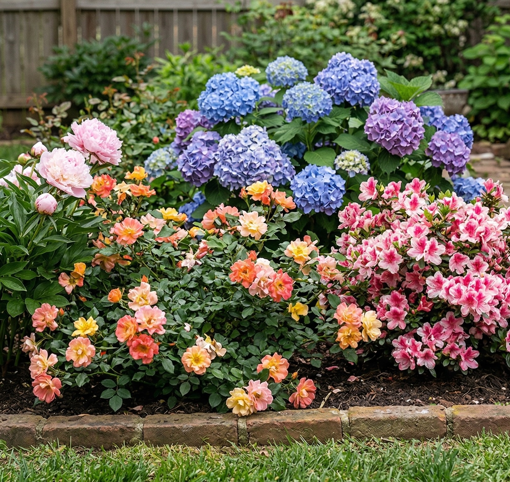 Azalea, hydrangea, peony and rose bushes