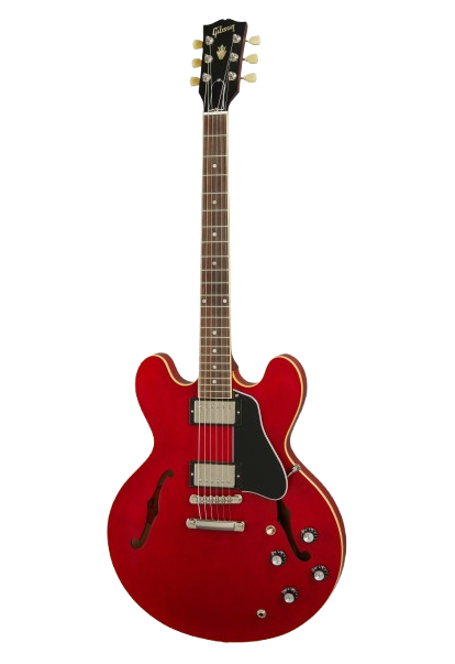 A bright red semi-hollow Gibson ES-335 guitar