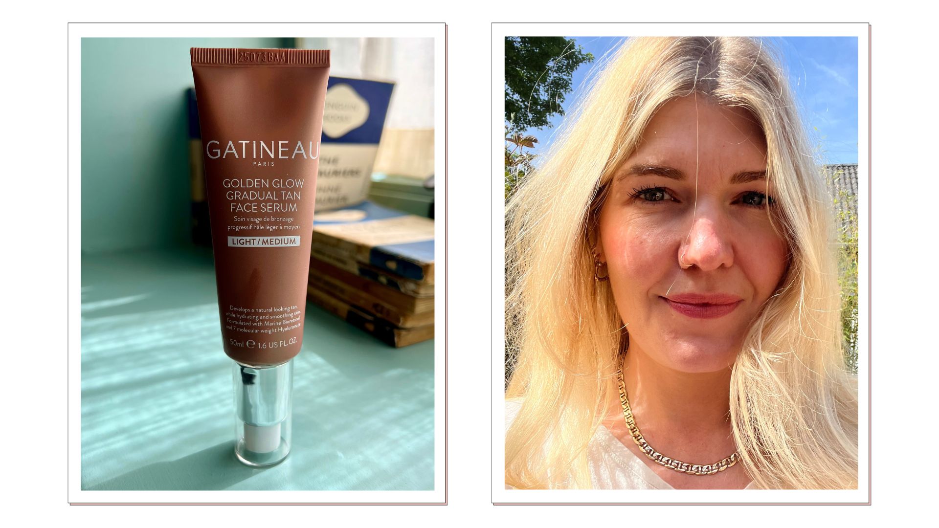 Obrázek Gatineau Golden Glow Postupné opálené sérum zobrazené na modrém povrchu, vedle obrazu editoru krásy Fiony McKim, který nosí postupné opálení s lehce opálenou pletí za slunečný den