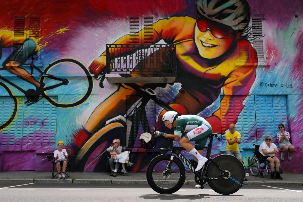 COMBLOUX FRANCE JULY 18 Jasper Philipsen of Belgium and Team AlpecinDeceuninck Green Points Jersey sprints during the stage sixteen of the 110th Tour de France 2023 a 224km individual climbing time trial stage from Passy to Combloux 974m UCIWT on July 18 2023 in Combloux France Photo by David RamosGetty Images