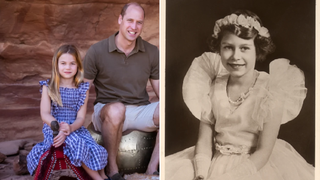 A side by side photo of Princess Charlotte and a young Queen Elizabeth II