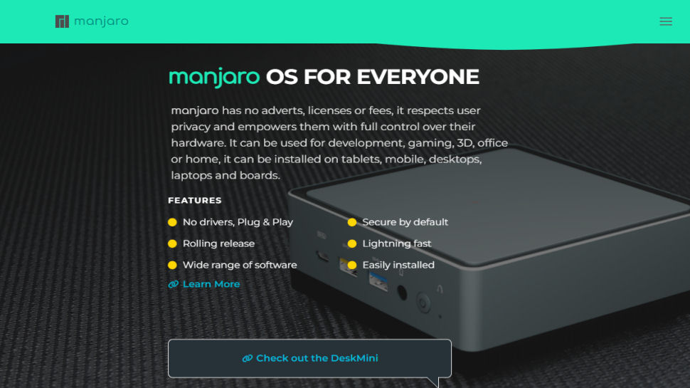 Tangkapan layar situs web untuk Manjaro