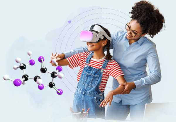 Woman helps girl to manipulate molecules using virtual reality goggles