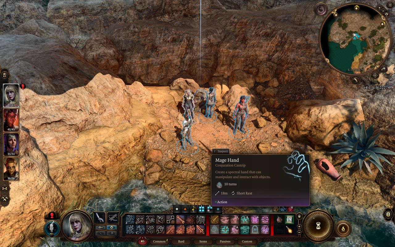 a group of adventurers stand near a rock