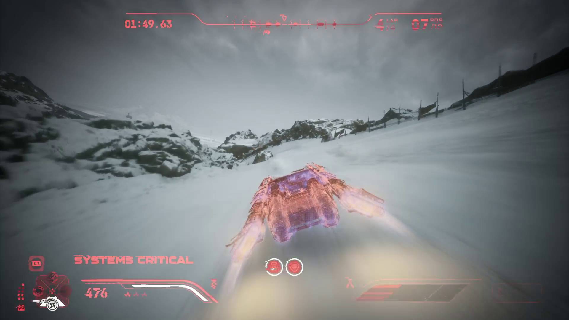 Star Wars Galactic Racer red HUD showing systems critical with only one crash remaining