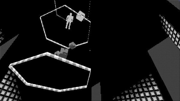 A scene from a black-and-white pixelated 3D video game inspired by Severance called Pager
