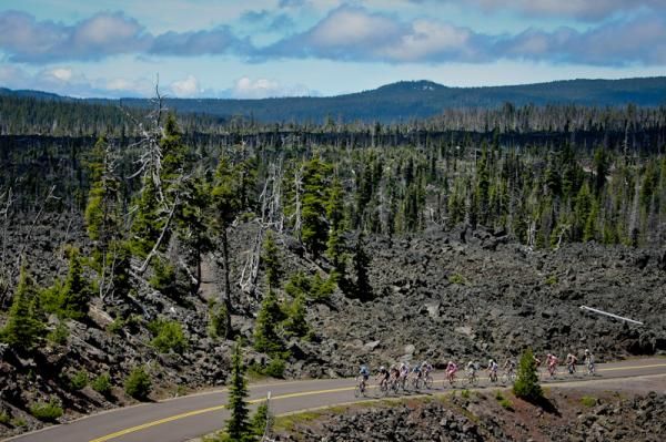 Riders on the way through the lava fields of McKenzie Pass.
