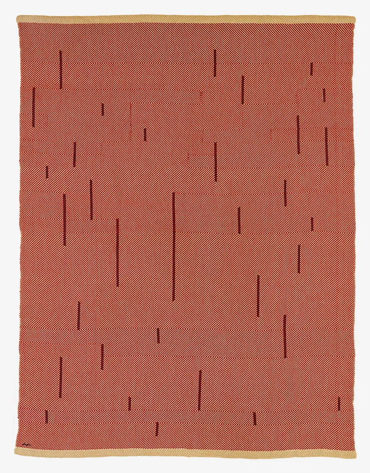 With Verticals, 1946, by Anni Albers, red cotton and linen. The Josef and Anni Albers Foundation, Bethany CT. © 2018 The Josef and Anni Albers Foundation/Artists Rights Society (ARS), New York/DACS, London. Photography: Tim Nighswander/Imaging4Art