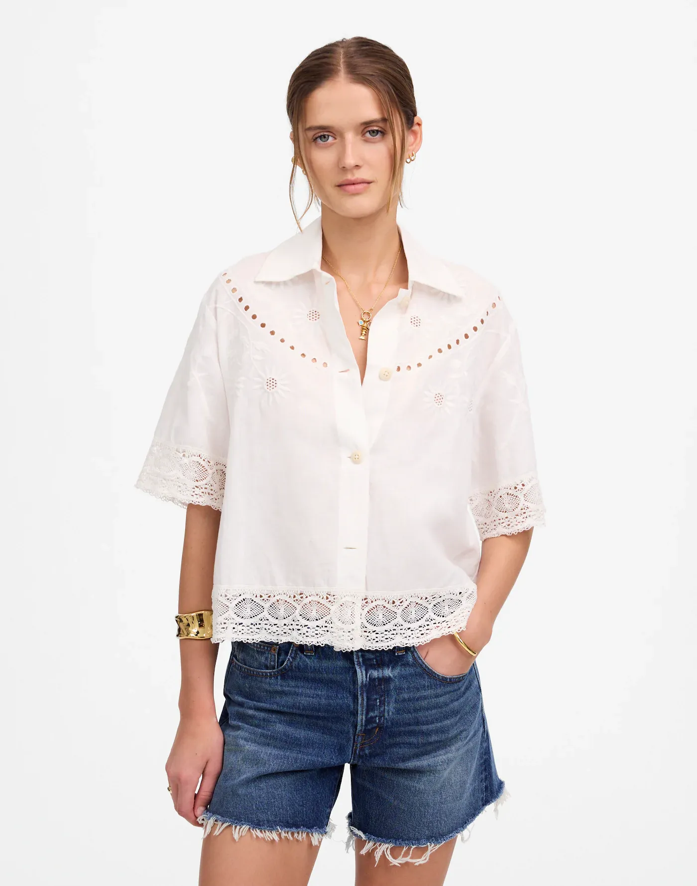 MW, Embroidered Lace Button-Up Shirt