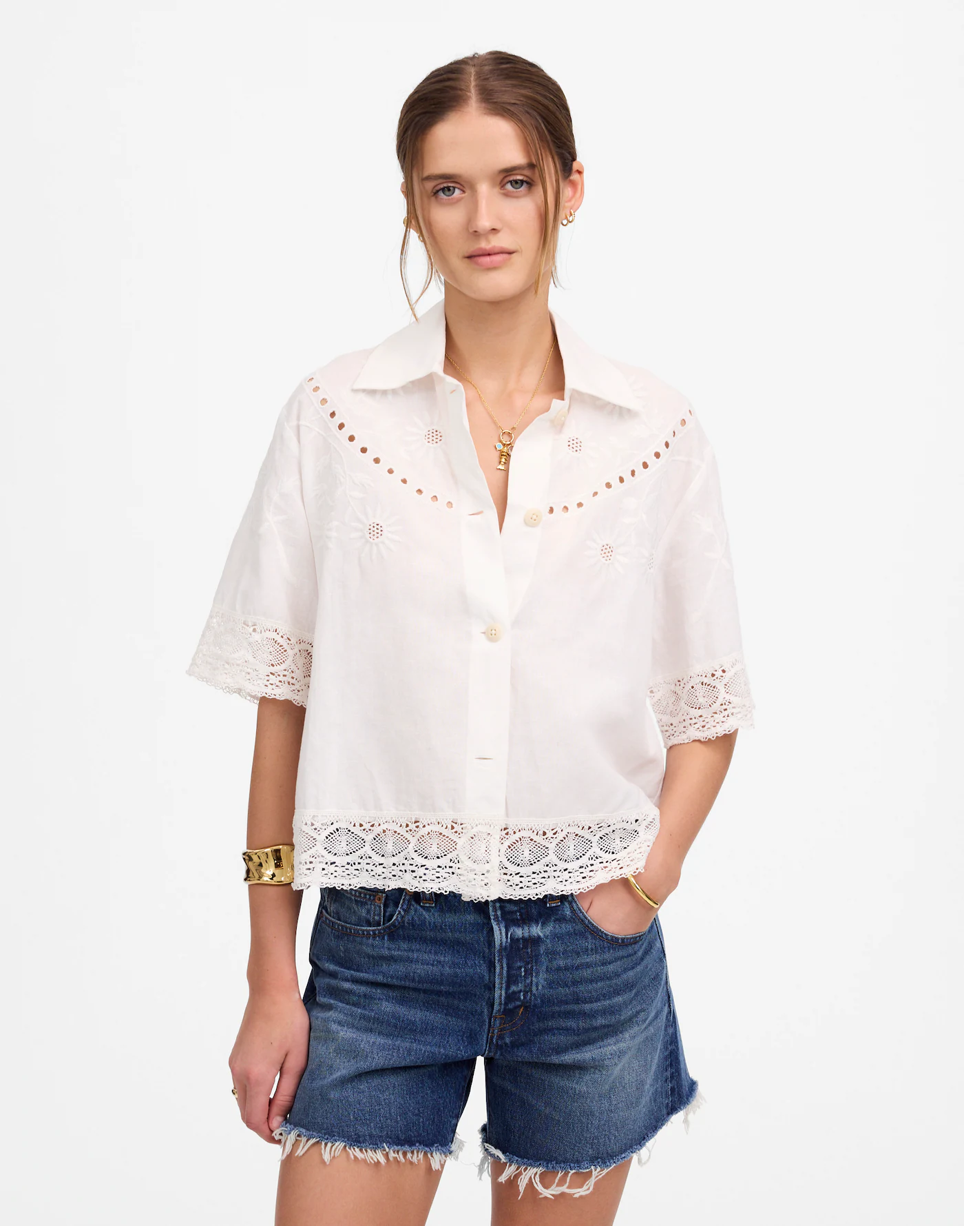 MW, Embroidered Lace Button-Up Shirt
