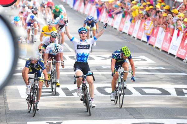 After a long wait, Tyler Farrar (Garmin-Cervelo) gets his first Tour stage win.