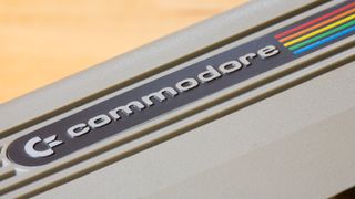 A close-up of the logo on a Commodore 64.