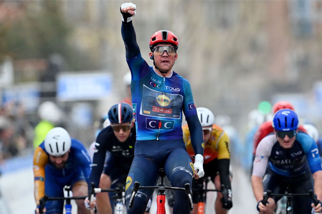 MARTIGUES FRANCE FEBRUARY 09 Mads Pedersen of Denmark and Team Lidl Trek celebrates at finish line as stage winner during the 8th Tour de la Provence 2024 Stage 1 a 1572km stage from AixenProvence to Martigues on February 09 2024 in Martigues France Photo by Billy CeustersGetty Images