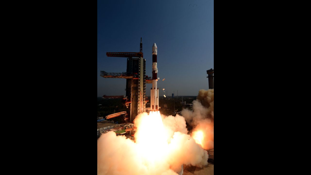 An Indian Space Research Center Polar Satellite Launch Vehicle launches the EMISAT satellite and 28 other payloads into orbit from the Satish Dhawan Space Center on April 1, 2019 (IST).