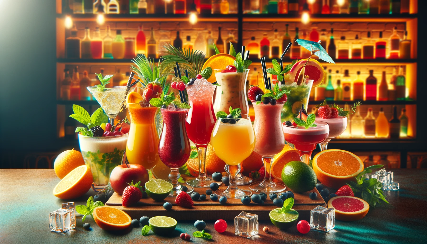  The scene features a variety of non-alcoholic beverages, like fruit juices, mocktails, and smoothies, beautifully presented in different glasses 