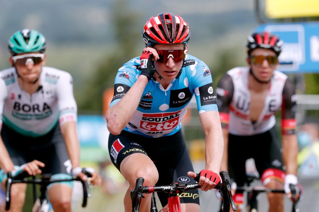 SAINT HAON LE VIEUXON FRANCE JUNE 01 Matthew Holmes of United Kingdom and Team Lotto Soudal Polka Dot Mountain Jersey at arrival during the 73rd Critrium du Dauphin 2021 Stage 3 a 1722km stage from Langeac to Saint Haon Le Vieuxon UCIworldtour Dauphin dauphine June 01 2021 in Saint Haon Le Vieuxon France Photo by Bas CzerwinskiGetty Images