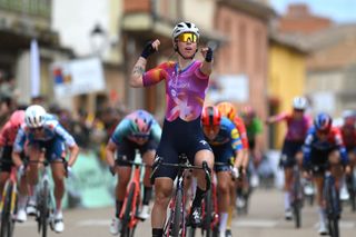 MELGARDEFERNAMENTAL SPAIN MAY 18 EDITORS NOTE Alternate crop Lorena Wiebes of The Netherlands and Team SD Worx Protime celebrates at finish line as stage winner during the the 9th Vuelta a Burgos Feminas 2024 Stage 3 a 122km stage from Roa de Duero to Melgar de Fernamental UCIWWT on May 18 2024 in Melgar de Fernamental Spain Photo by Alex BroadwayGetty Images