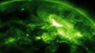 This video still from a NASA space observatory video shows one of many views of a powerful M9-class solar storm that unleashed a coronal mass ejection toward Earth in the early hours of Jan. 23, 2012 (GMT),