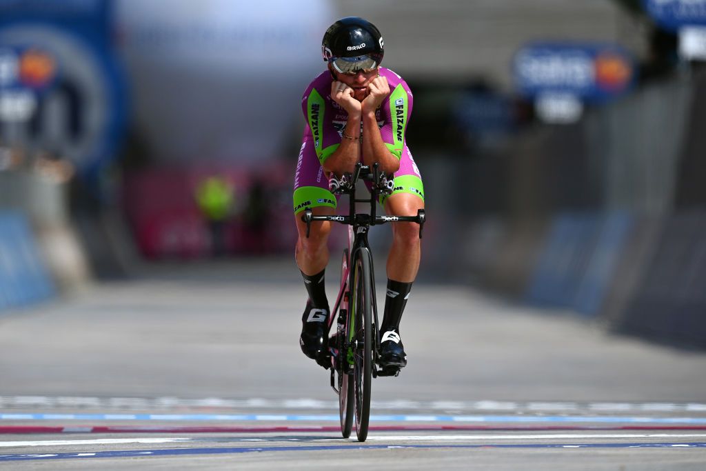 MILAN ITALY MAY 30 Filippo Fiorelli of Italy and Bardiani CSF Faizan Pro Team at arrival during the 104th Giro dItalia 2021 Stage 21 a 303km Individual Time Trial stage from Senago to Milano ITT UCIworldtour girodiitalia Giro on May 30 2021 in Milan Italy Photo by Stuart FranklinGetty Images