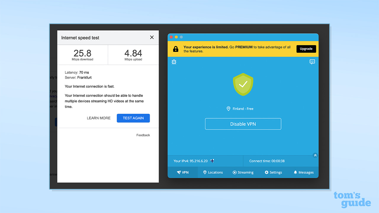 Screenshot showing Hide.Me Free VPN speeds when connected to a Finnish server. Speeds display 25.8 Mbps download and 4.84 Mbps upload.