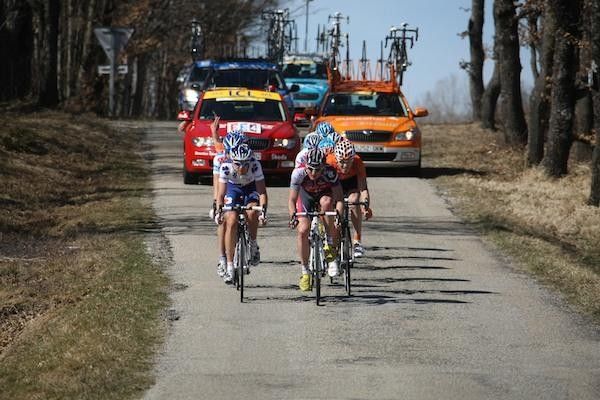 Micka&euml;l Delage (Silence-Lotto) leads the nine-man break.