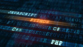 Concept image of binary code showing names of popular programming languages used in software development, with Python illuminated in orange lettering surrounded by c++ and JavaScript.