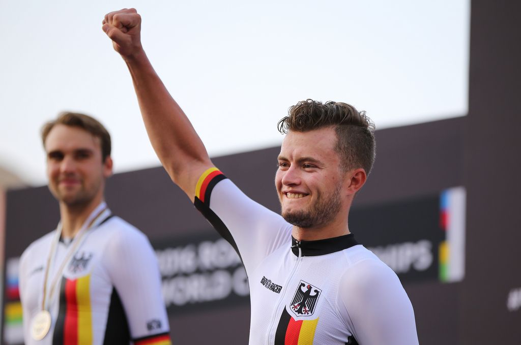 Marco Mathis (Germany) punches the air with delight