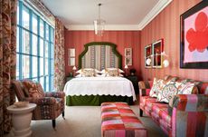 A vibrantly decorated hotel bringing British eccentrism to New York features a mixture of colorful textures, finishes, and textiles for a striking result.