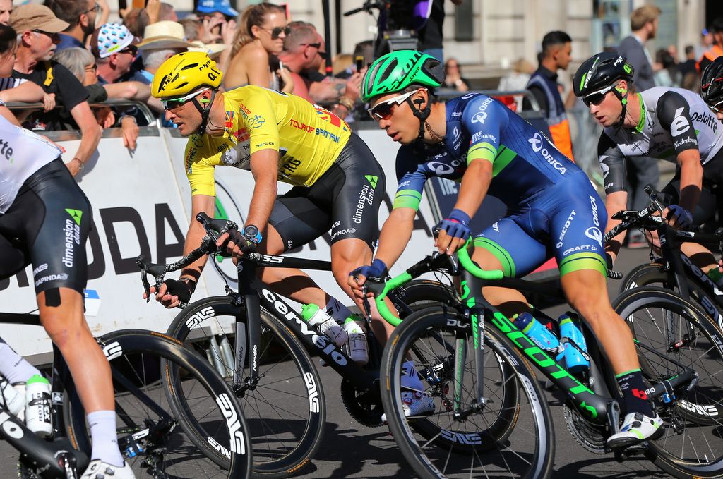 Race leader Steve Cummings alongside Caleb Ewan (Orica-BikeExchange)