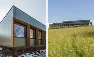Left: closer view of the exterior panelling of the building. Right: exterior of the building seen across a grassy space