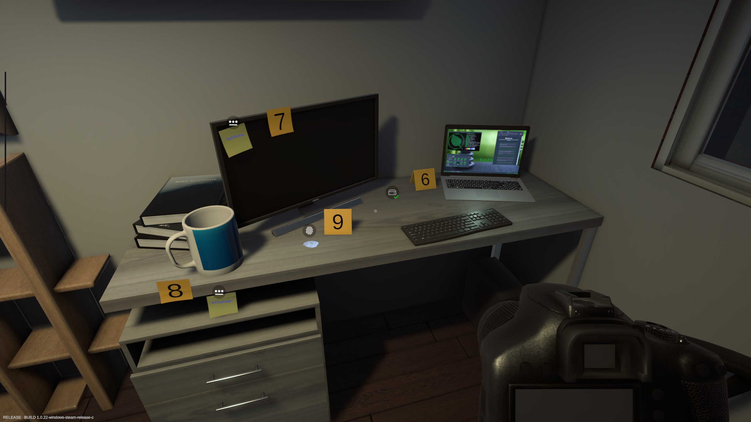 A desk with labeled evidence on it