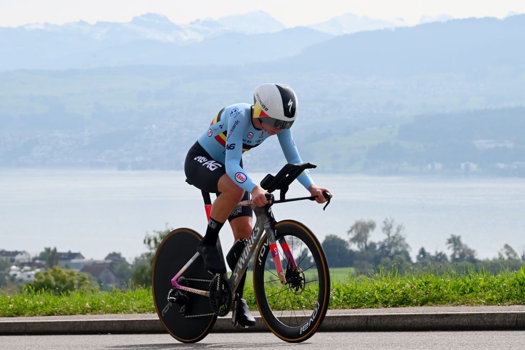 ZURICH SWITZERLAND SEPTEMBER 22 Lotte Kopecky of Team Belgium sprints during the 97th UCI Cycling World Championships Zurich 2024 Womens Elite Individual Time Trial a 299km one day race from Gossau to Zrich on September 22 2024 in Zurich Switzerland Photo by Dario BelingheriGetty Images